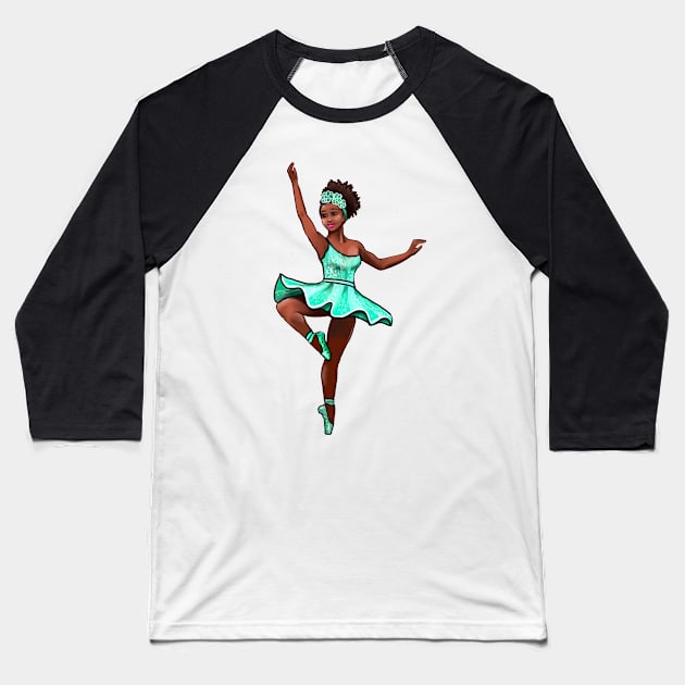 Ballet Dancer in green tutu dancing cute black girl African American brown skin ballerina - Dance Baseball T-Shirt by Artonmytee